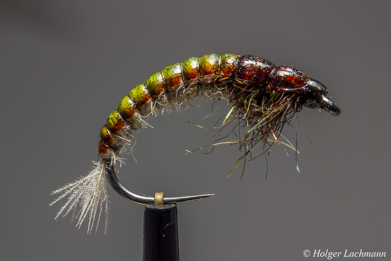 Grey jig nymph tied on wide gap jig fly hook